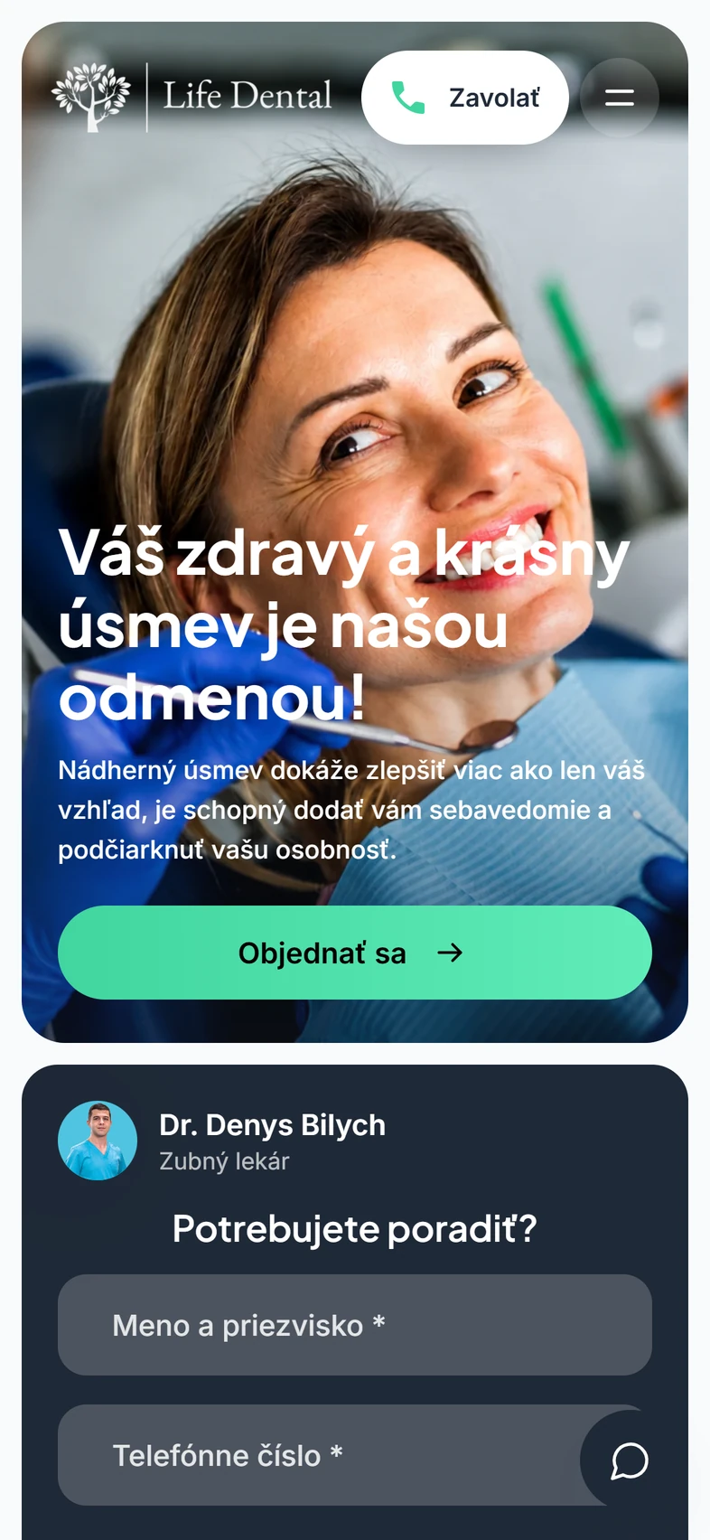 Domovská stránka LifeDental na mobile